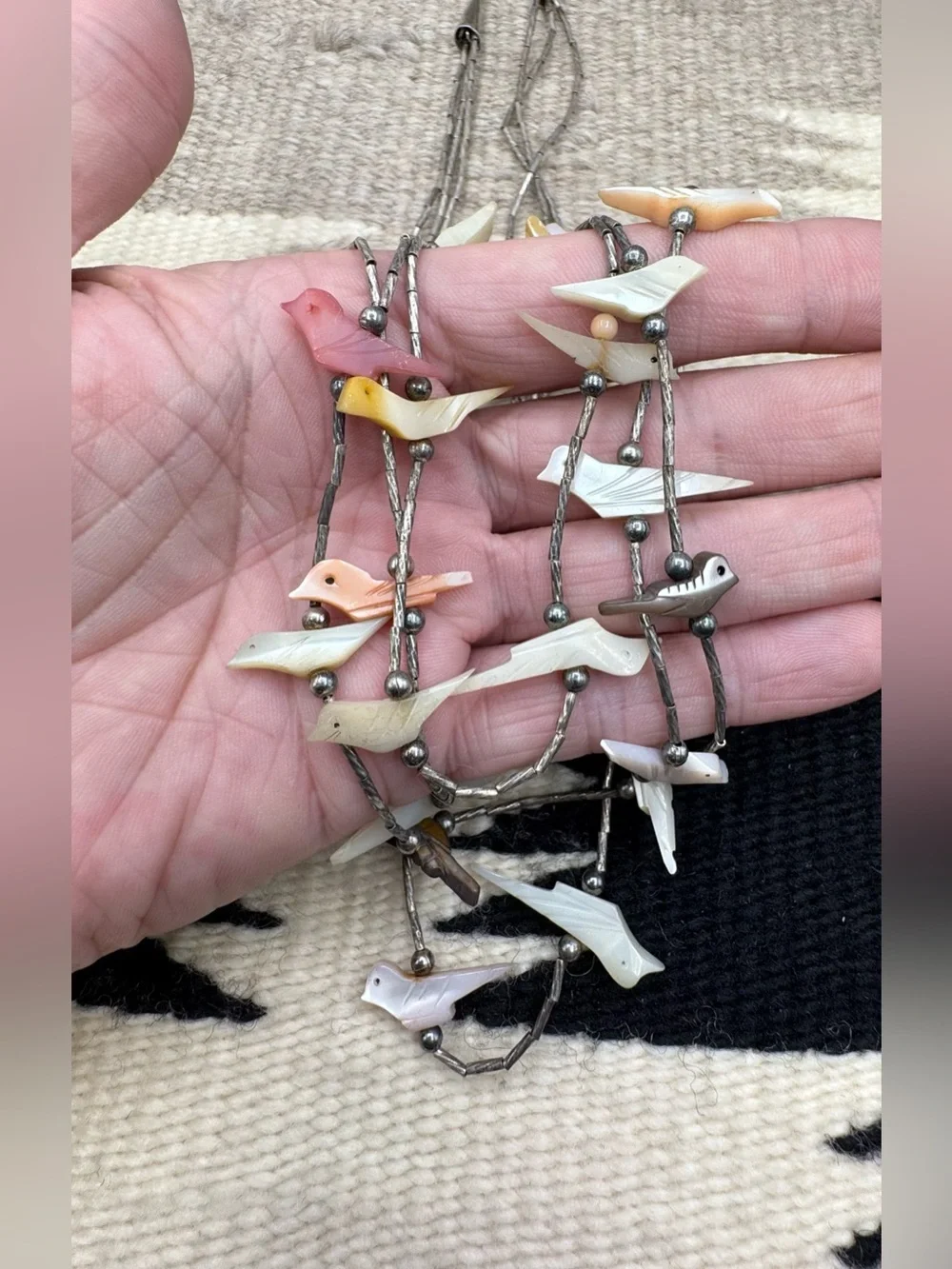 Zuni Sterling Liquid Silver Mother Of Pearl Bird Multi Strand Fetish Necklace